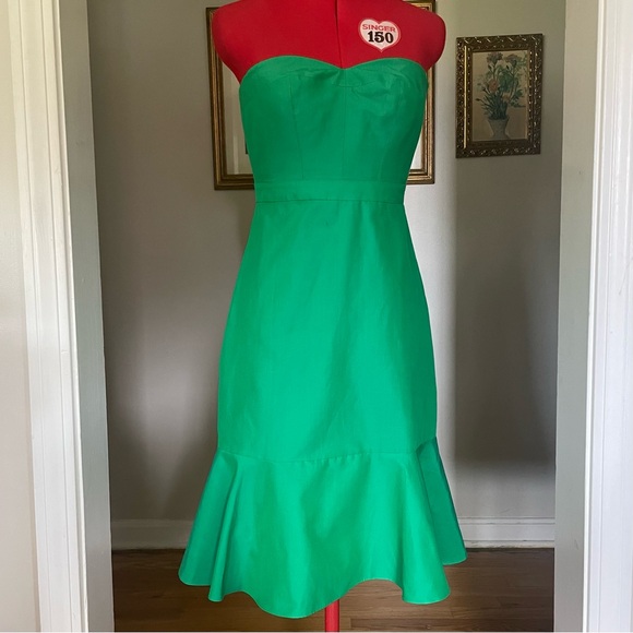 J. Crew Strapless Green Ruffle Hem Midi Party Dress Built in Corset - Picture 2 of 10